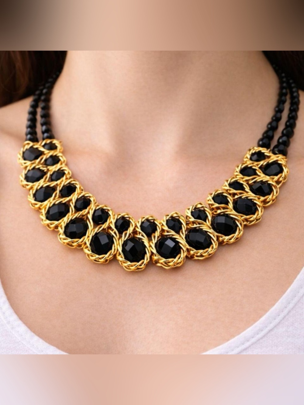 Gold-Tone Black Bead Statement Necklace - Women Jewelry